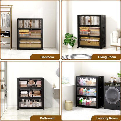 SAILUN 321QT/80Gal Stackable Storage Bins with a Lid, Collapsible Storage Bins With Doors, Folding Cabinet for Home Closet Organization,3 Pack-26 W x 16.5" D x 43.3" H Black