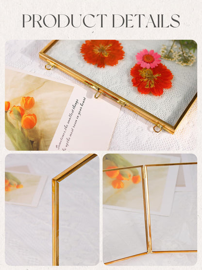REDHUGO Glass Pressed Flower Frames,Vintage Hanging Picture Frames with Chain,Handmade Brass Floating Picture Frame,Plant Specimen Wall Ornament Display Artwork DIY Family Photo,Square,Gold,4x4 Inches