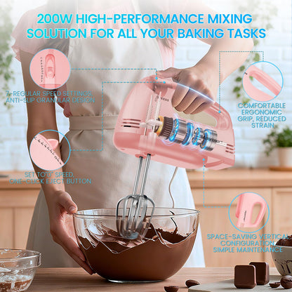 LILPARTNER Hand Mixer Electric, Small Food Mixer 7 Speeds Handheld Blender, 304 *(2* Beater, 2*Dough Hook) Kitchen Blender for Cream, Cookies, Dishwasher Safe