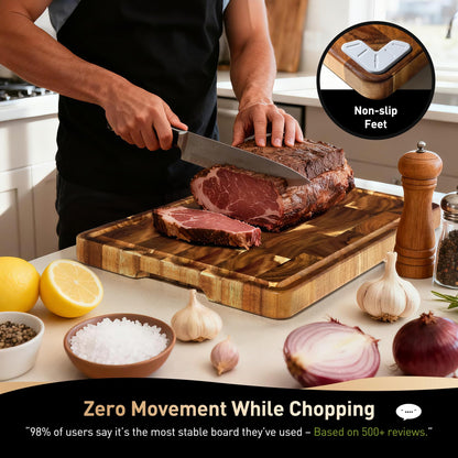 End Grain Cutting Board for Kitchen with Non-slip Feet, Acacia Wood Heavy Duty Checkered Cutting Board Upgraded Chopping Board with Juice Groove & Handle Large Wooden Butcher Block with Gift Box