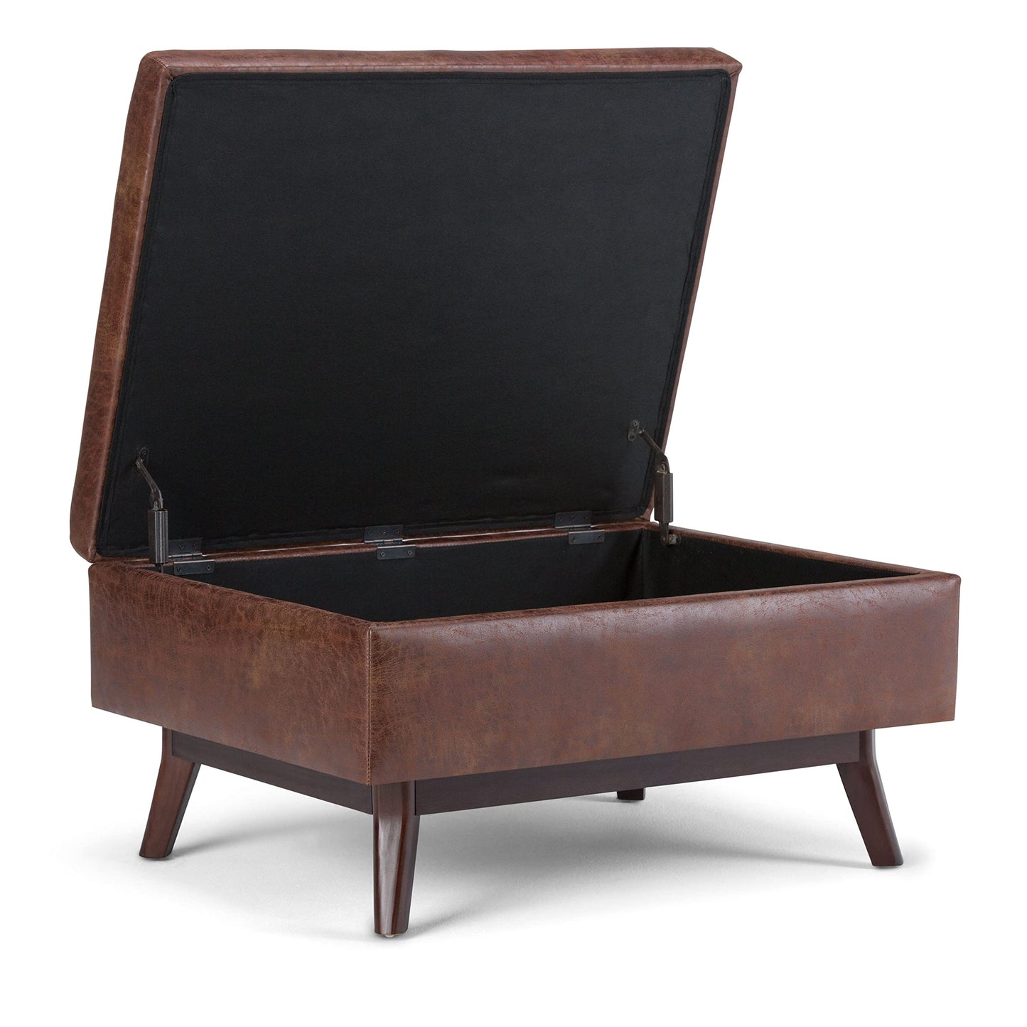 SIMPLIHOME Owen Coffee Table Storage Ottoman - 34" Wide x 19" High Upholstered Vegan Leather Rectangular Lift-Top Ottoman in Distressed Saddle Brown, Mid-Century Modern Bench with Tapered Legs