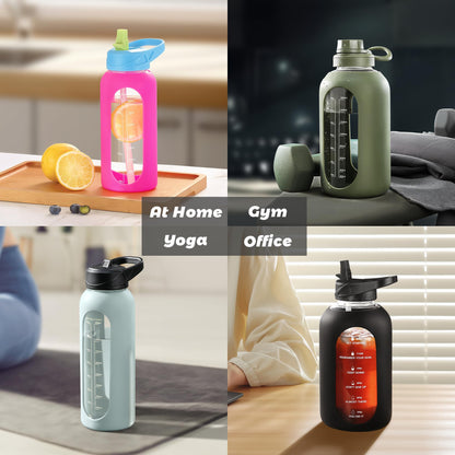 CIVAGO 64 oz Glass Water Bottle Jug with Straw and Handle, Half Gallon Sports Motivational Water Bottle with Time Marker, Wide Mouth Flask Canteen with Silicone Sleeve for Gym, Black