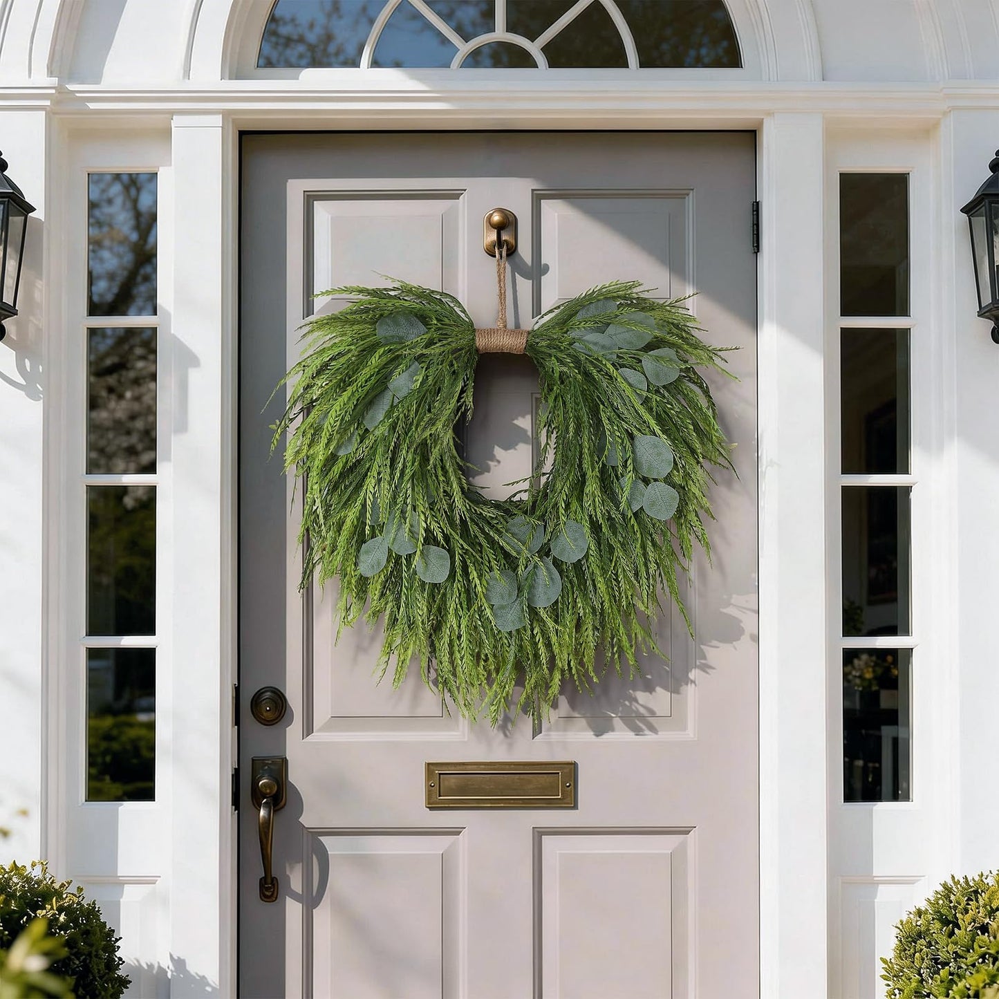 Artificial Saw Grass & Eucalyptus Wreath for Front Door, 22" Faux Saw Grass Fake Eucalyptu Greenery Hanging Heart Shaped Wreath for Wall, Farmhouse, Window,Home Decor | Spring Summer