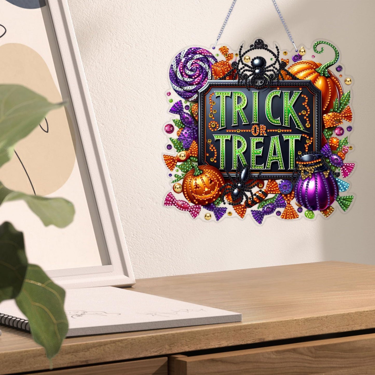 VODAPYC Halloween Diamond Art Hanging Kits for Adults, DIY Double Sided Special Shaped Diamonds Art Window Pendant Ornament for Home Decor(Trick or Treat)