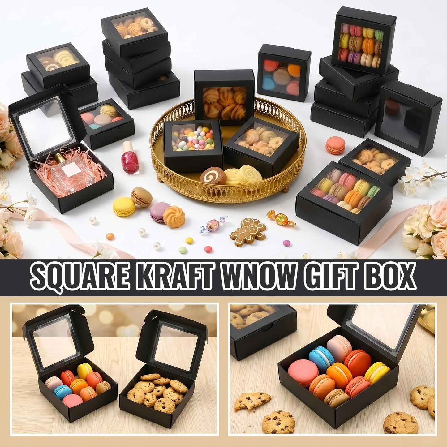 Sbarklo 30 Pcs Kraft Paper Boxes with Window - 4.13 x 4.13 x 1.18 Inch Small Gift Boxes, Treat Boxes for Candy, Soap, Mini Treat Packaging, Bakery, Chocolate, Jewelry Display & Party Favors (Black)