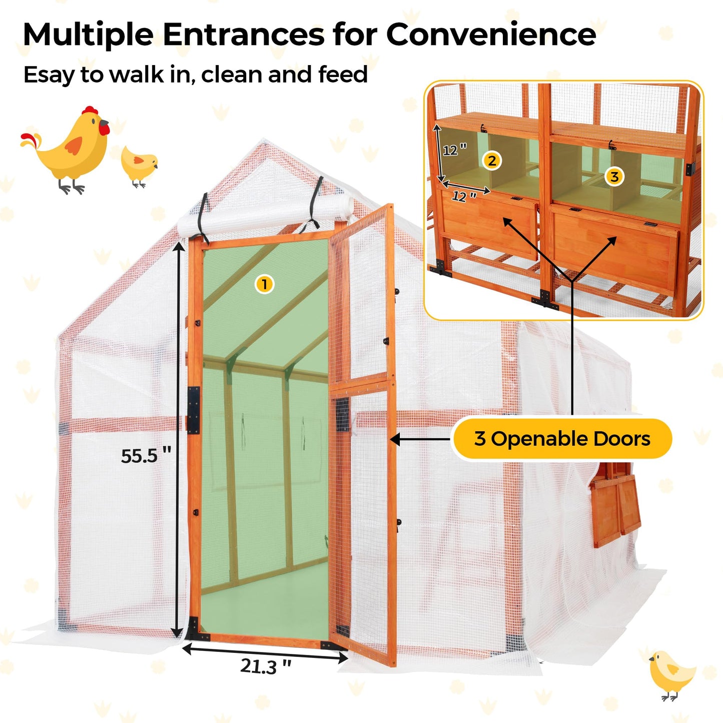 COZIWOW Chicken Coop with Full Waterproof Cover, 9' Extra Large Wooden Chicken House for 10-15 Chickens, 4 Nesting Boxes & Roosting Bars, Outdoor Walk-in Poultry Run, Orange