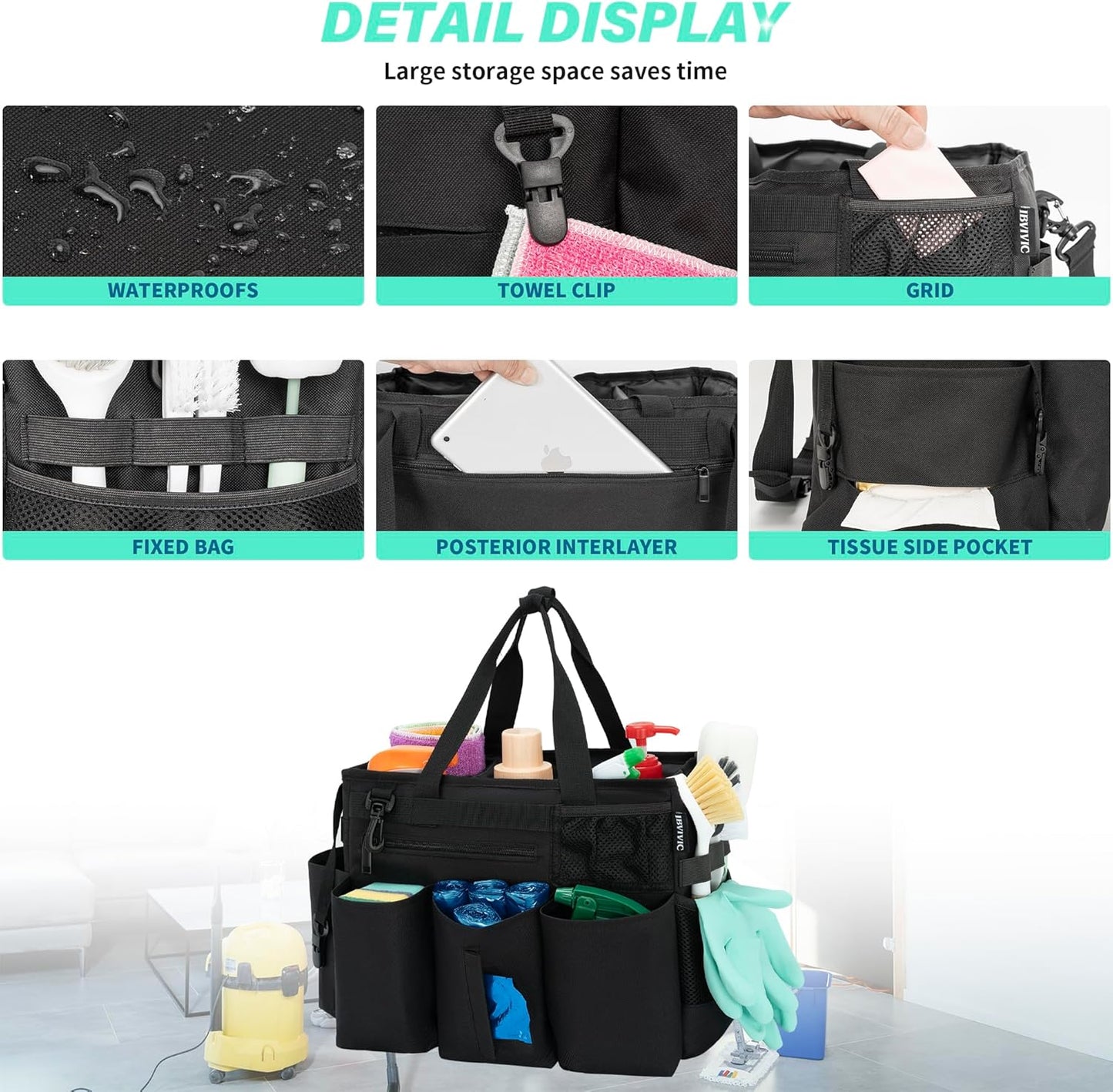 Large Capacity Wearable Cleaning Caddy Bag for Organizing Cleaning Supplies, Tote Bag for Housekeepers