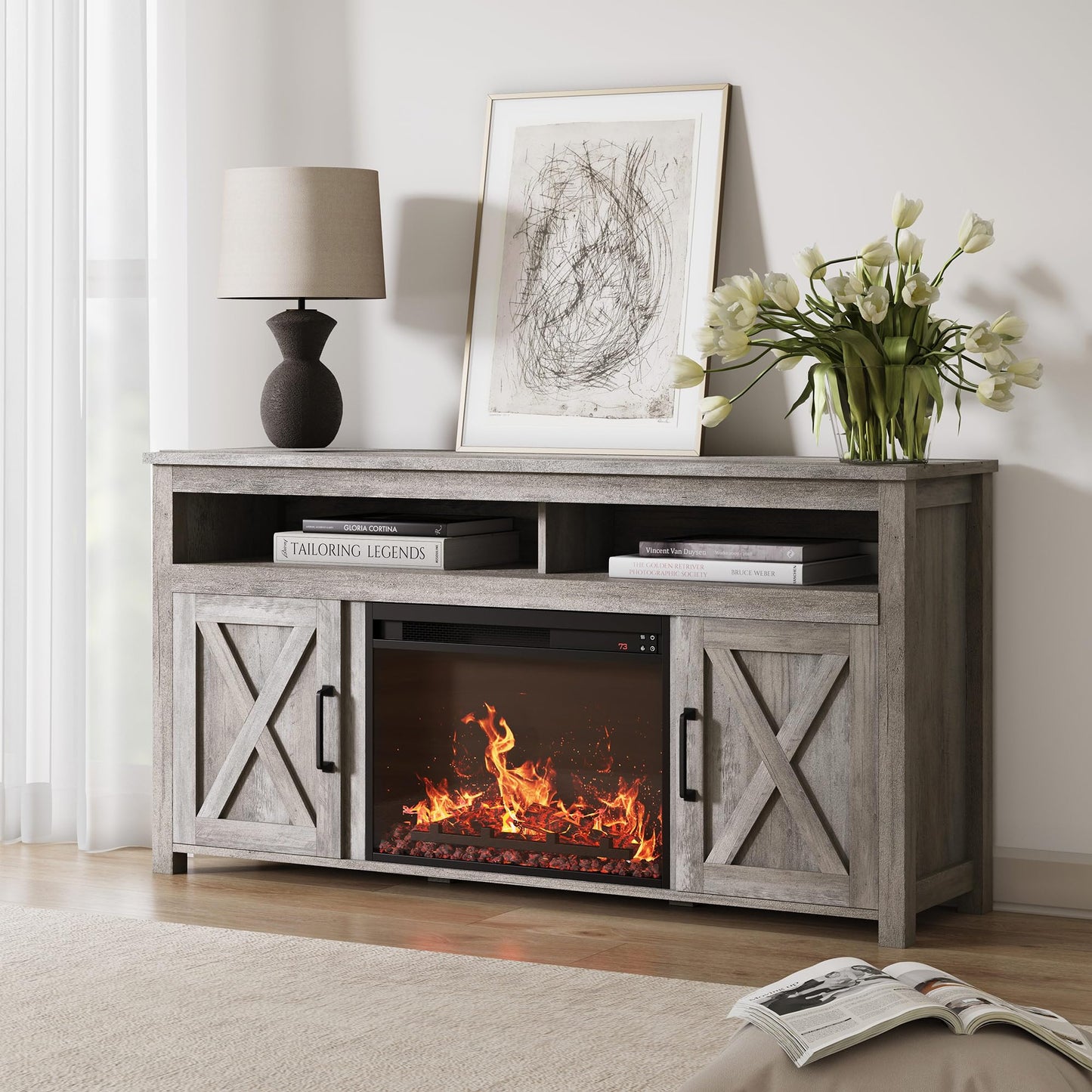 BELLEZE 58" Farmhouse Fireplace TV Stand for TVs up to 65", 23" Electric Fireplace Heater with Sound, Entertainment Center Media Console Table Barn Door Storage Cabinets for Living Room -Gray