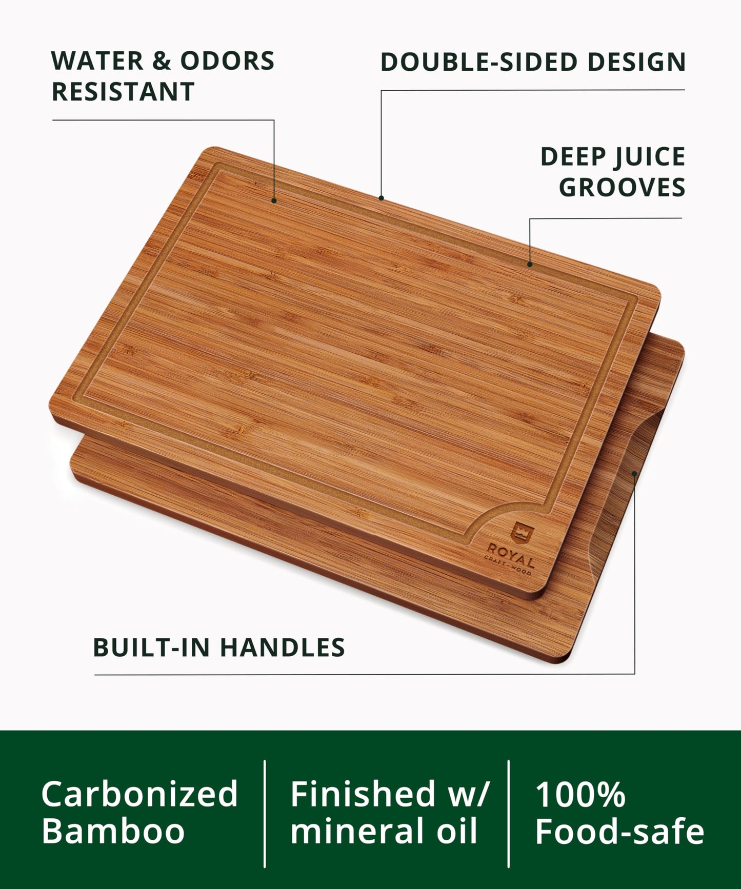 ROYAL CRAFT WOOD Wooden Cutting Boards for Kitchen Meal Prep & Serving - Bamboo Wood Serving Board Set with Deep Juice Groove Side Handles - Charcuterie & Chopping Butcher Block for Meat