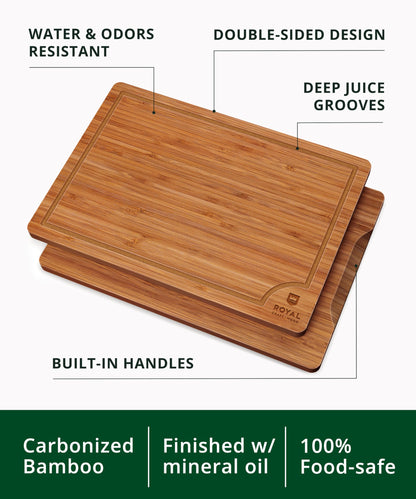 ROYAL CRAFT WOOD Wooden Cutting Boards for Kitchen Meal Prep & Serving - Bamboo Wood Serving Board Set with Deep Juice Groove Side Handles - Charcuterie & Chopping Butcher Block for Meat