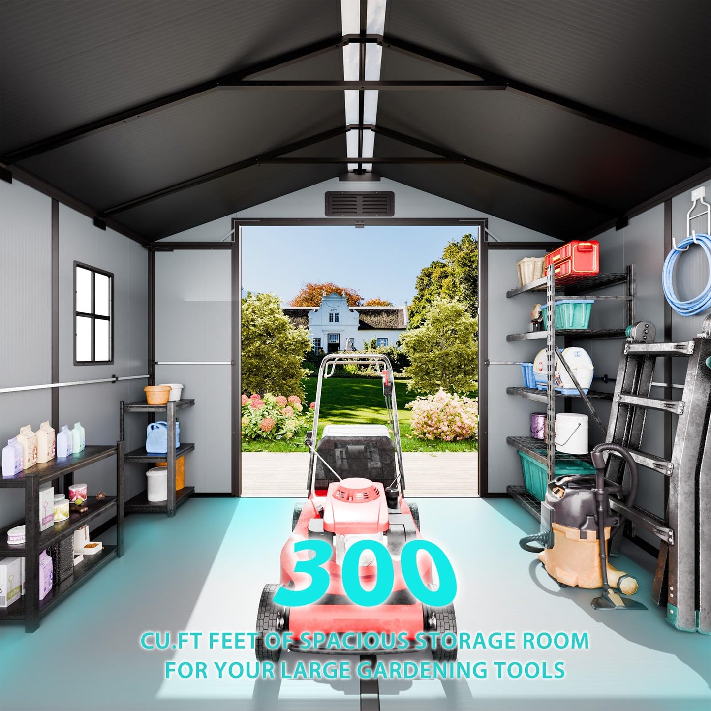 8x6 FT Resin Storage Shed with Floor Windows Lockable Double Door Vents, Easy Assembly All Weather Waterproof Durable Plastic Outdoor Sheds for Backyard Garden Storage Tools Lawnmover, Gray