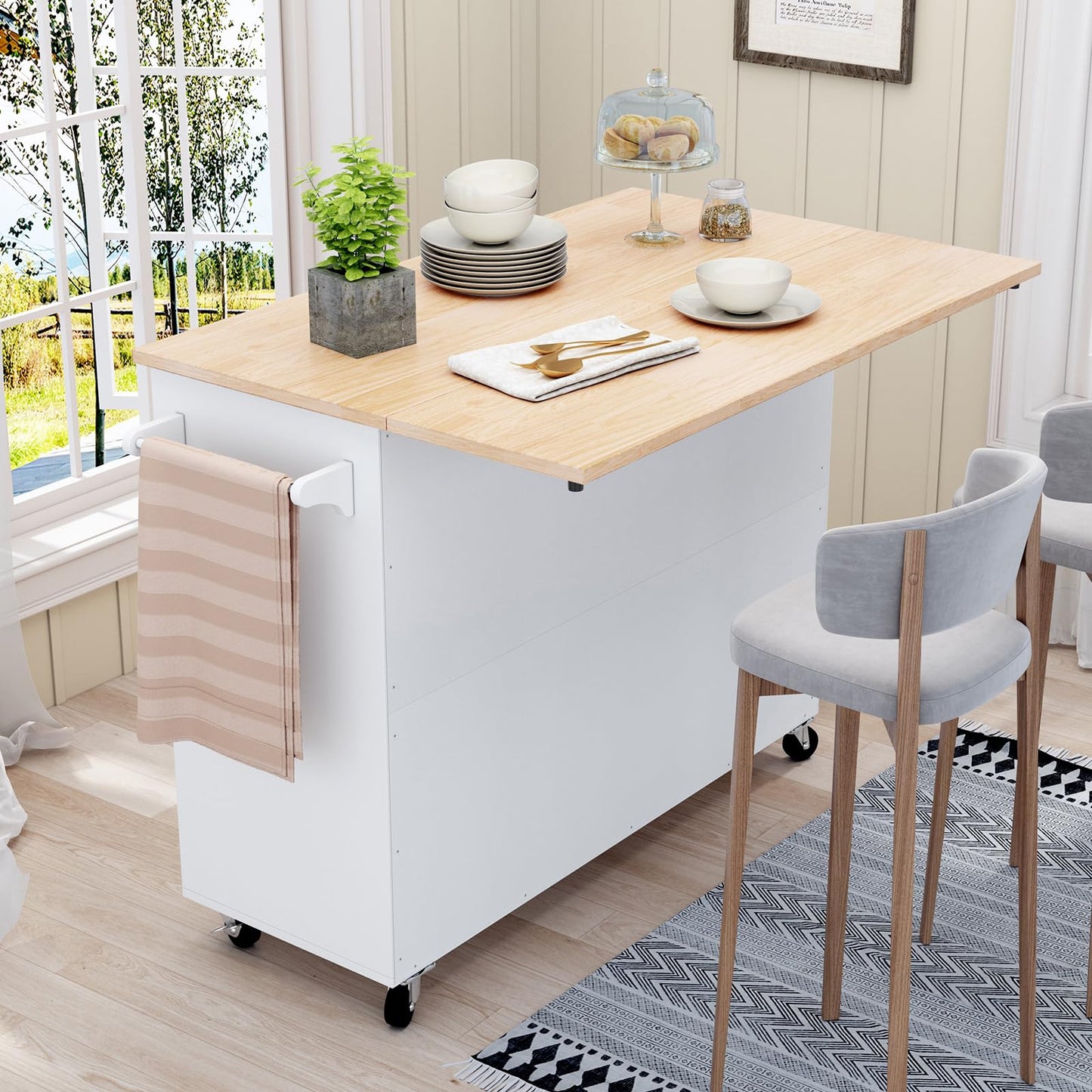 HLR Kitchen Island with Storage, White Rolling Kitchen Island on Wheels with Drop-Leaf Bar Countertop, Island Table for Kitchen with Side Open Spice Rack and Tower Rack, Extra Storage for Kitchen