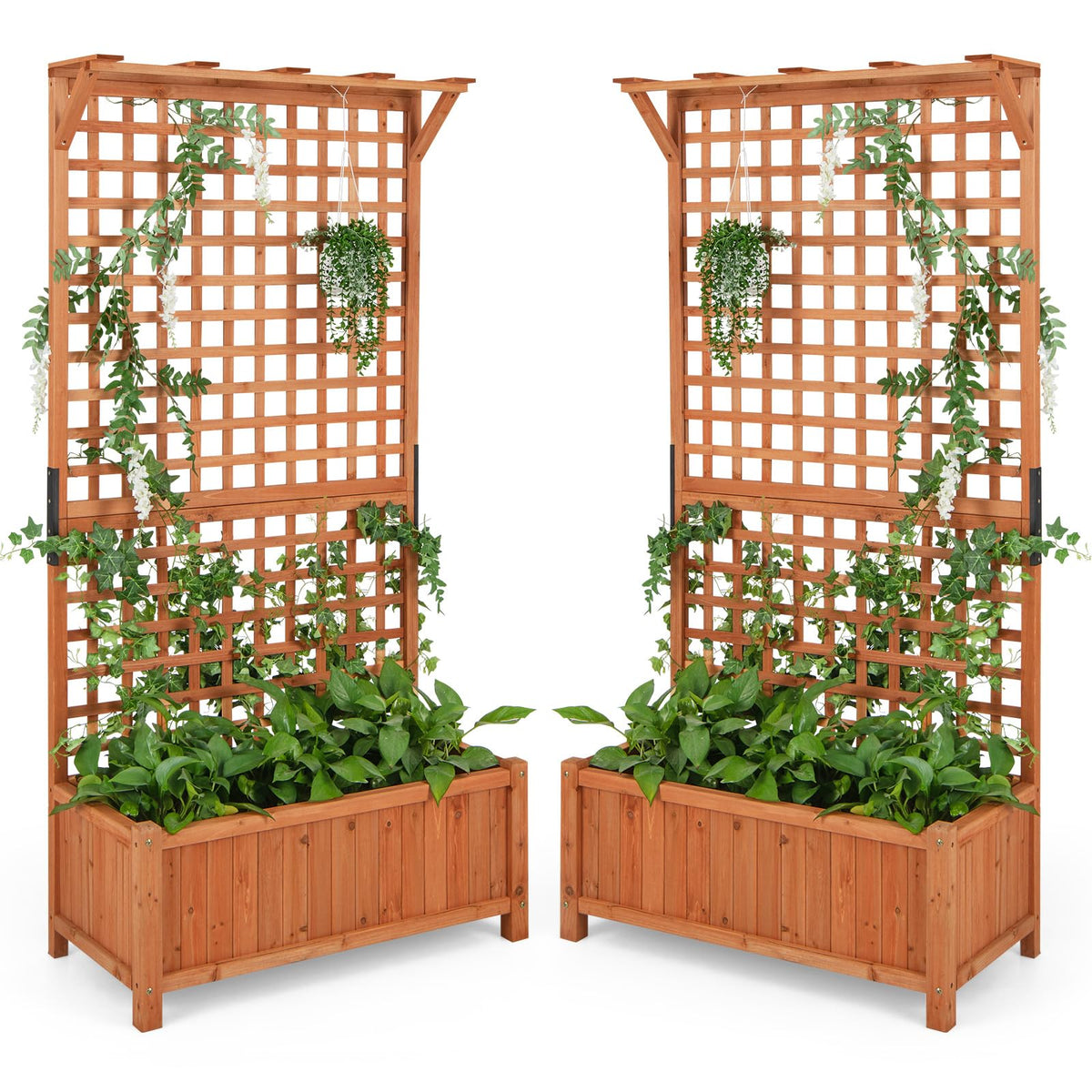 HAPPYGRILL Raised Garden Bed with Trellis, 72.5" Planter Raised Bed with Drainage Holes, Freestanding Garden Box for Vine Climbing Plants, Wooden Planter Box for Yard Balcony (2, Orange)