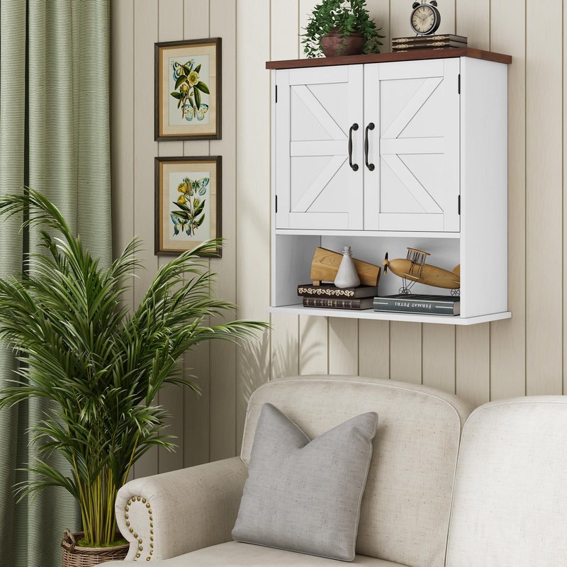Mino Kesper Bathroom Wall Cabinet with Barn Doors, Wall Mounted Bathroom Cabinet, Farmhouse Style, Adjustable Shelf, Wall Mounted Medicine Cabinets, White