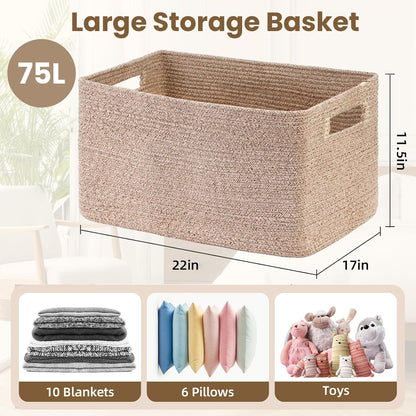 Optish Large Woven Blanket Basket - 75L Storage Solution with Reinforced Handles | Brown, 22” x 17” x 11.5”