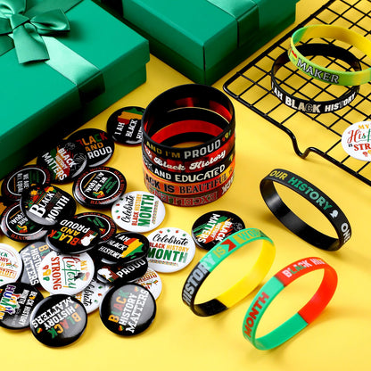 Remuuly 200 Pcs Black History Month Accessories Set Include 100 Silicone Bracelet 100 Inspirational Pin for African Afro American Festival Black American Celebration Accessories
