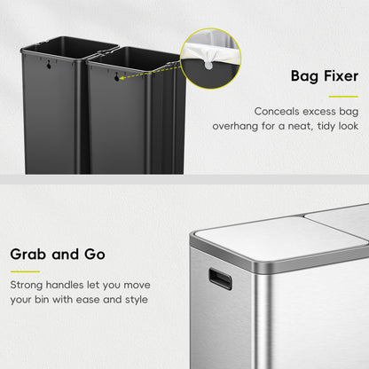 EKO EcoCasa Plus 2 x 10.6 Gal Dual Recycling Trash Can for Kitchen, Large Stainless Steel Step-On Garbage Can with Soft-Close Lids, Odor-Proof and Fingerprint-Resistant, Removable Buckets with Handles