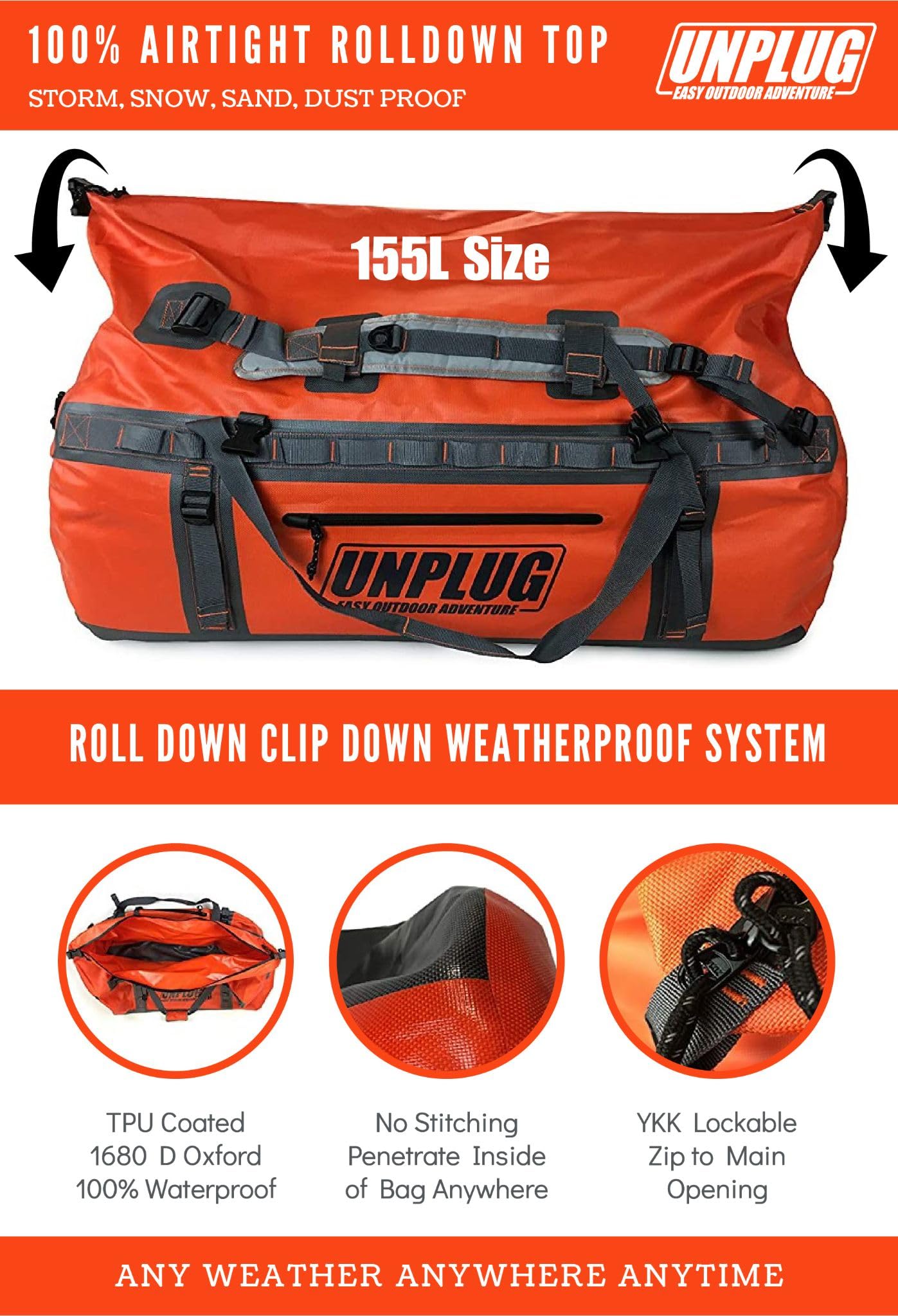 UNPLUG Ultimate Adventure | 1680D Heavy Duty Waterproof Bag | Large Travel Bag which can be Used for Camping, Motorcycling, Boating, or Hunting|155L Adventure Orange