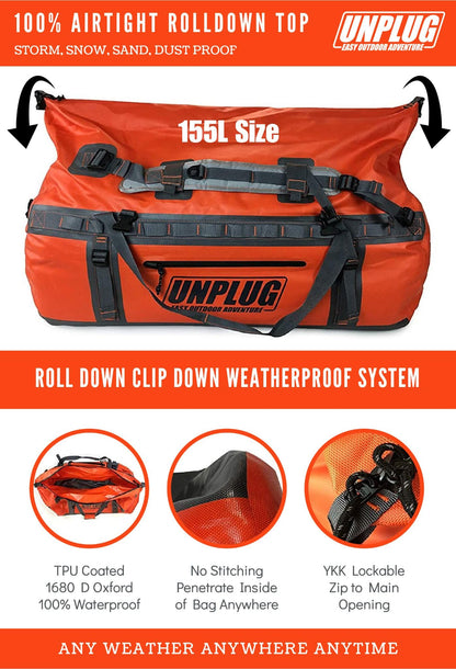 UNPLUG Ultimate Adventure | 1680D Heavy Duty Waterproof Bag | Large Travel Bag which can be Used for Camping, Motorcycling, Boating, or Hunting|155L Adventure Orange