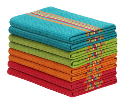 COTTON CRAFT Salsa Stripe Kitchen Towel - Set of 8 Pure Cotton Absorbent Waffle Weave Dish Towel Dish Cloth - Low Lint Reusable Drying Towels - Restaurant Bar Cleaning Kitchen Hand Towel -16x28 Multi