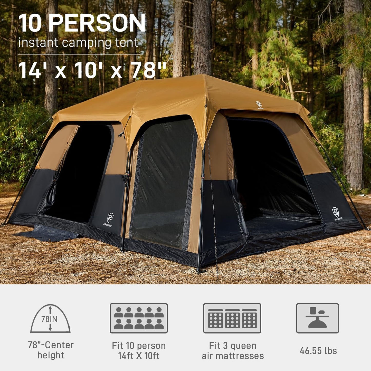 EVER ADVANCED 10 Person Blackout Camping Tent, Easy Setup Instant Cabin Tent for Family, Water-Resistant & Weather-Resistant Light-Blocking Tent with Rainfly for Outdoor Travel, 14' x 10' x 78"