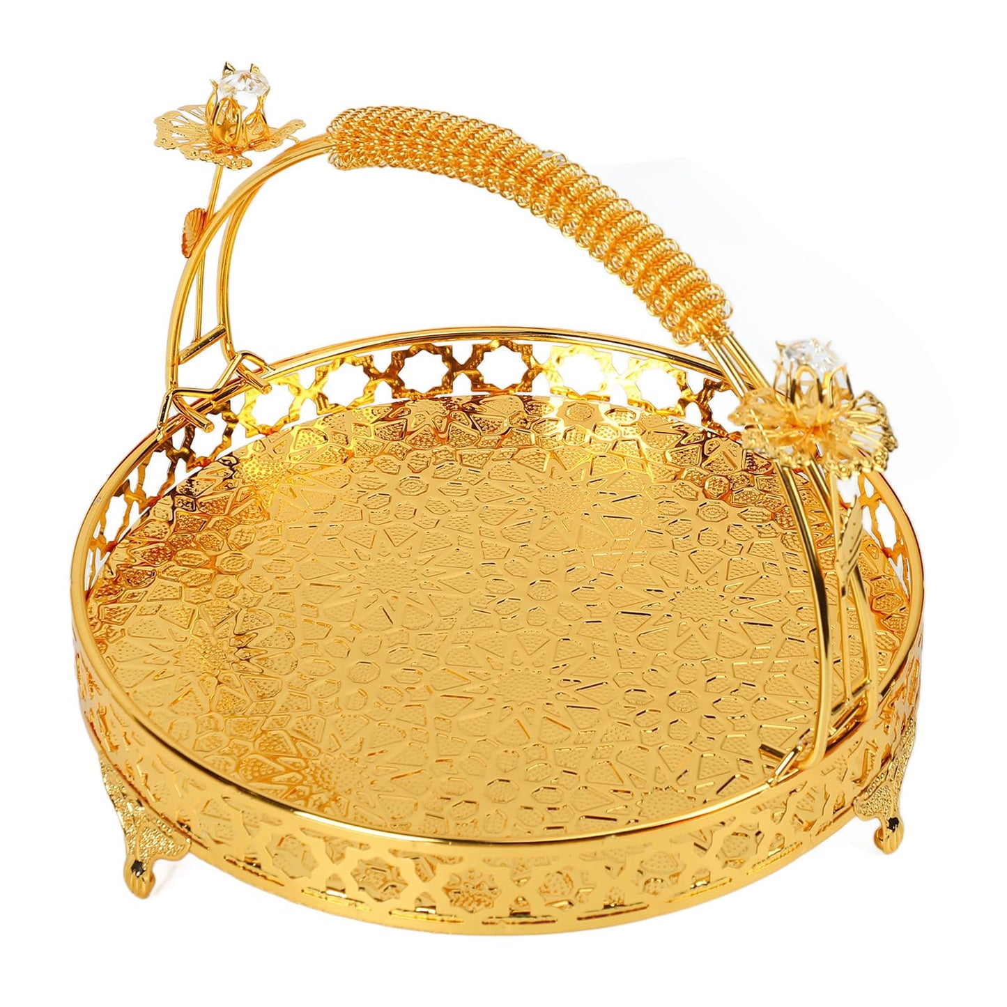 GLOGLOW Vintage Round Fruit Tray with Handle, 10.2 Inch Metal Dessert Platter Gold Cupcake Stand for Wedding Birthday Party Afternoon Tea Candy Cookies