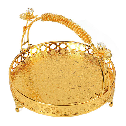 GLOGLOW Vintage Round Fruit Tray with Handle, 10.2 Inch Metal Dessert Platter Gold Cupcake Stand for Wedding Birthday Party Afternoon Tea Candy Cookies