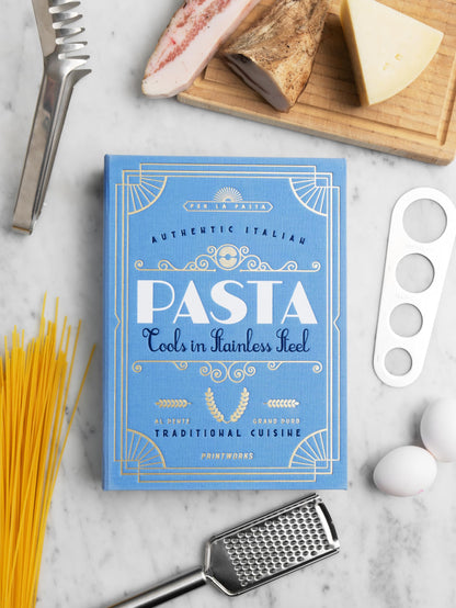 Printworks The Essentials, Pasta Tools – Pasta Kit with Spaghetti Tong, Spaghetti Measurer & Grater in Bright Blue Book-Style Case