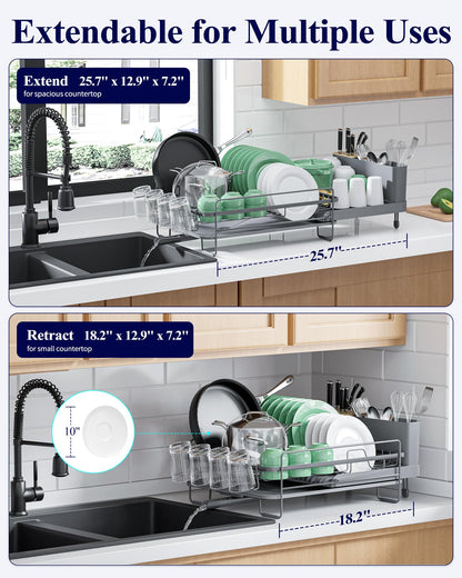 Kitsure Extendable Dish Drying Rack, Large Drying Dish Rack with Cutlery & Cup Holders, Multifunctional Dish Racks for Counter with Drainage, 18.2"-25.7" L x 12.9" W, Grey