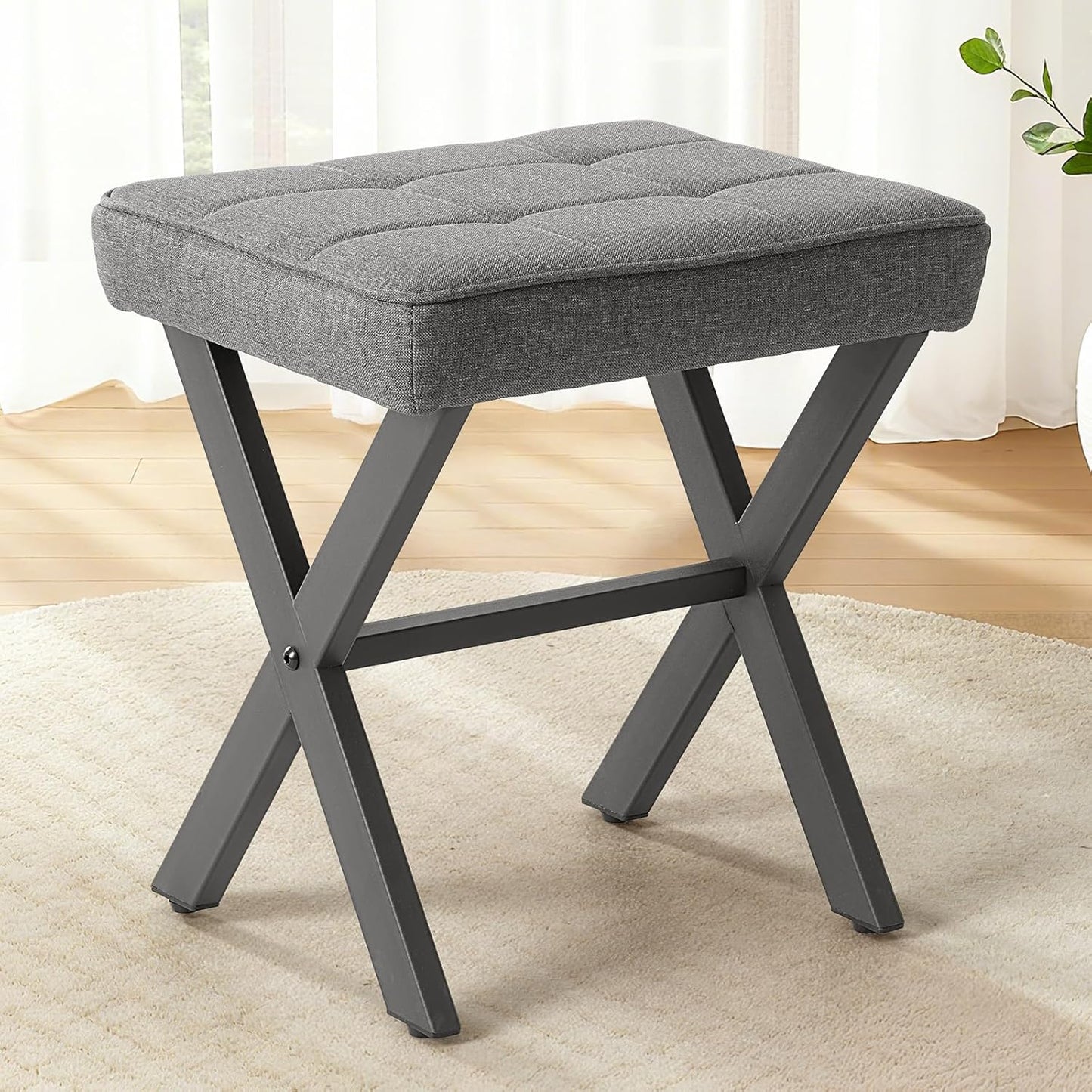 Sweetcrispy Vanity Stool Ottoman, Square Linen Makeup Stool Metal X Legs, Small Footstool Chair for Vanity, Modern
