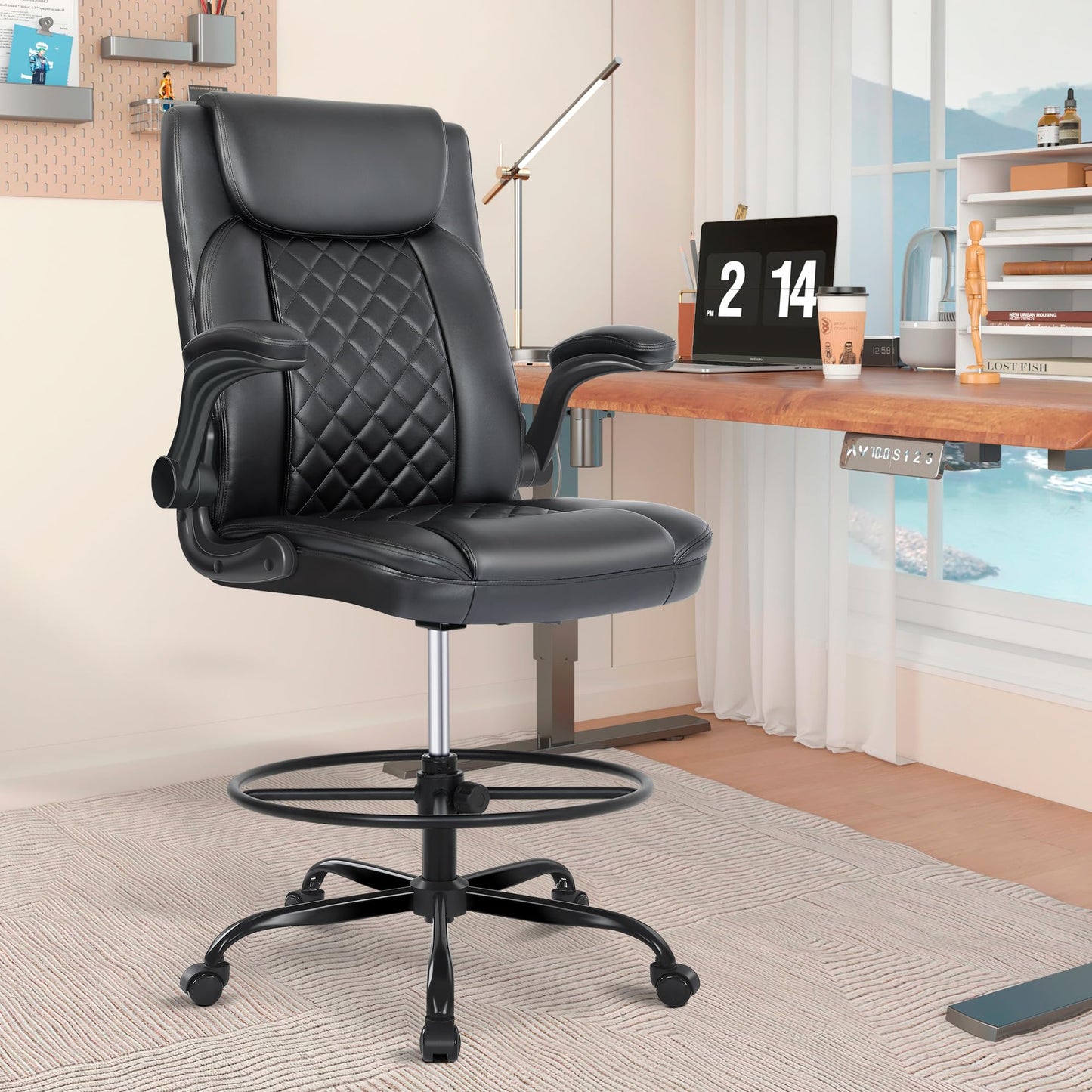 Misolant Drafting Chair with Footrest Ring, Tall Office Chair for Standing Desk, PU Faux Leather Bar Counter Height Chairs with Adjustable Height, 360° Swivel Wheels for Garage Office, Black