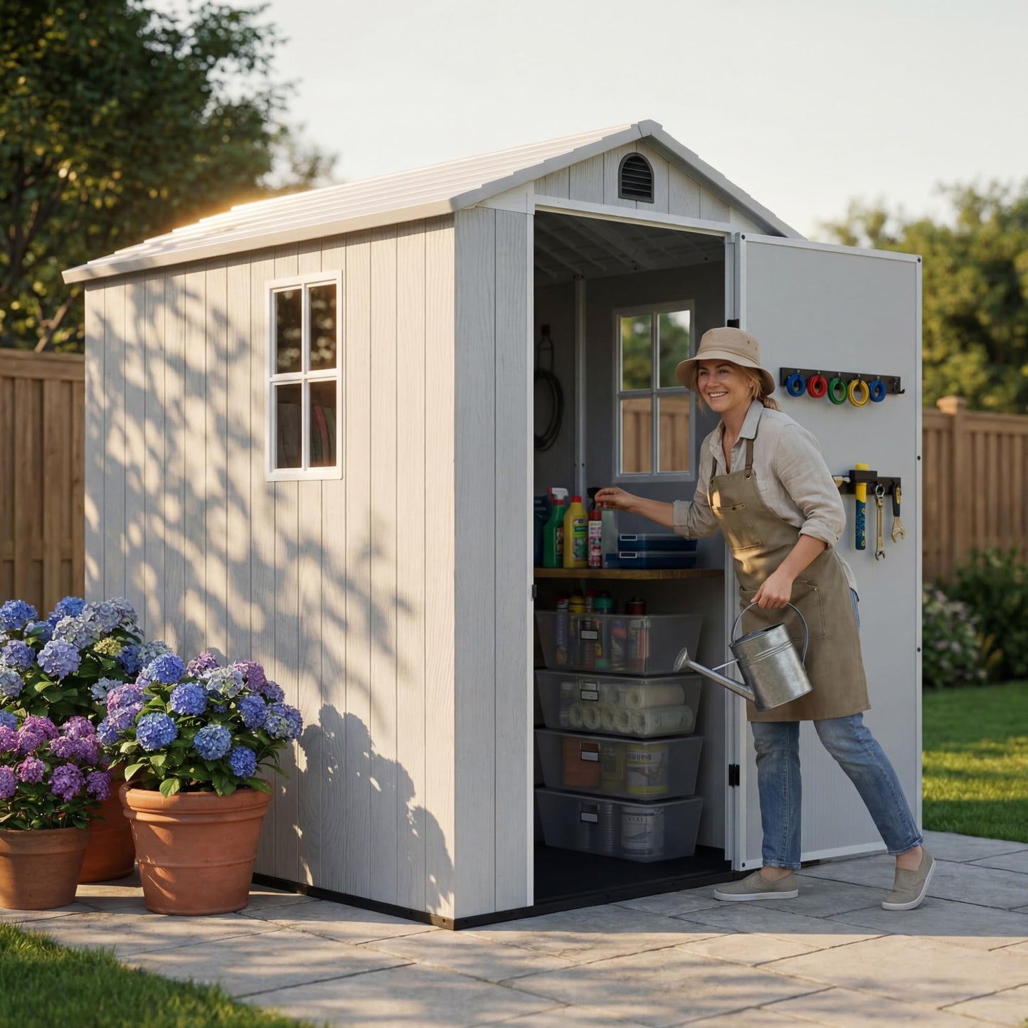 Devoko 4×6 FT Resin Storage Sheds with Floor, Plastic Outdoor Garden Shed with Windows and Lockable Doors, Waterproof Outside Tool Sheds for Patio Backyard Lawn, Light Gray