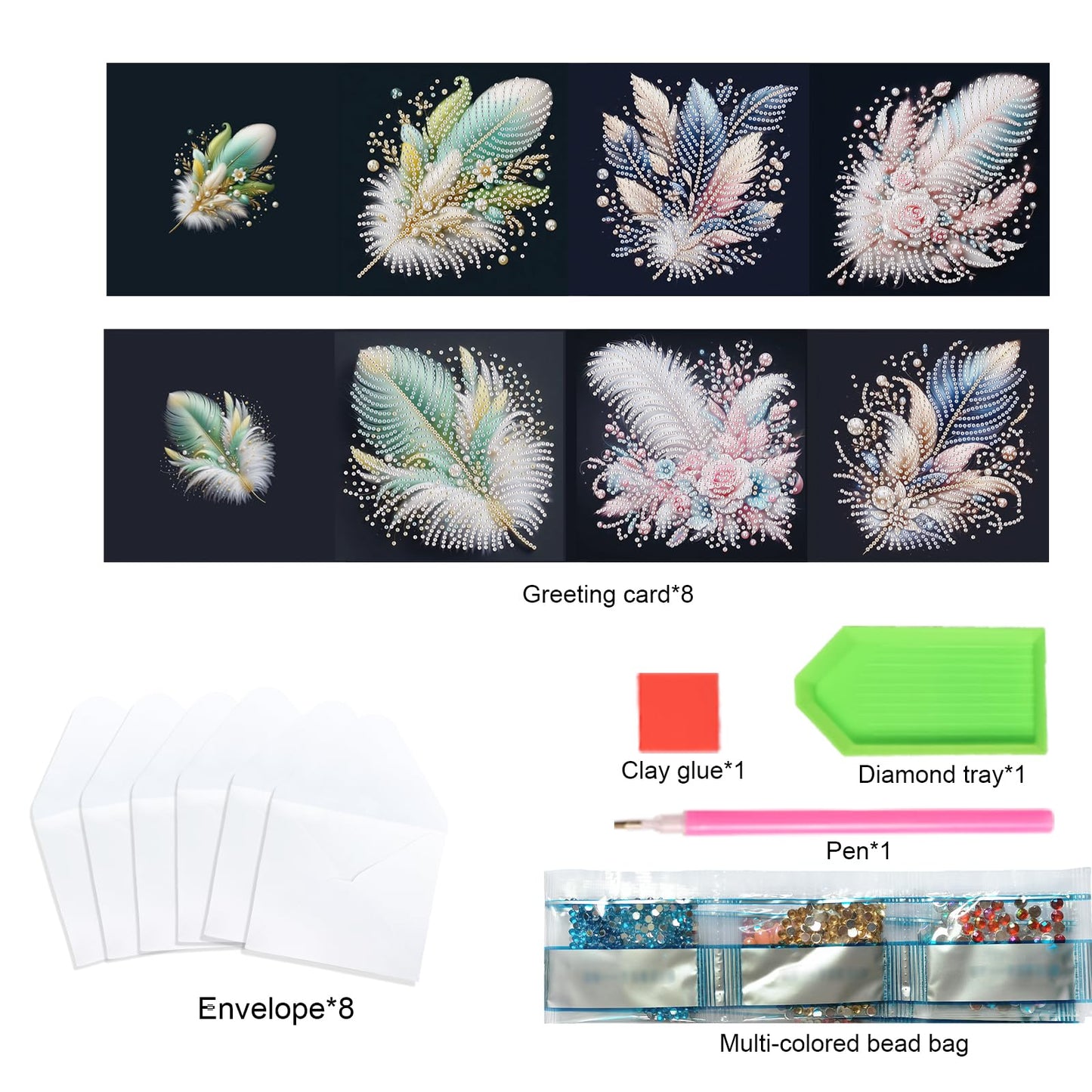 TDFERAN 6 Pack DIY Diamond Painting Greeting Cards Assortment with Envelopes Diamond Art Kits for Adults Blank Cards Cards for All Occasions Thank You Baby Wedding and More Note Cards Feather