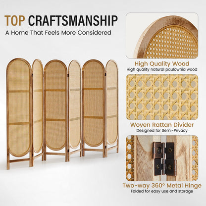 Aletheiawu Arched Rattan Room Divider 5.6 Ft Folding Privacy Screen, 6 Panel Freestanding Room Partition with Double Hinges, Lightweight Paulownia Wood Divider for Bedroom, Restaurant, Office, Natural