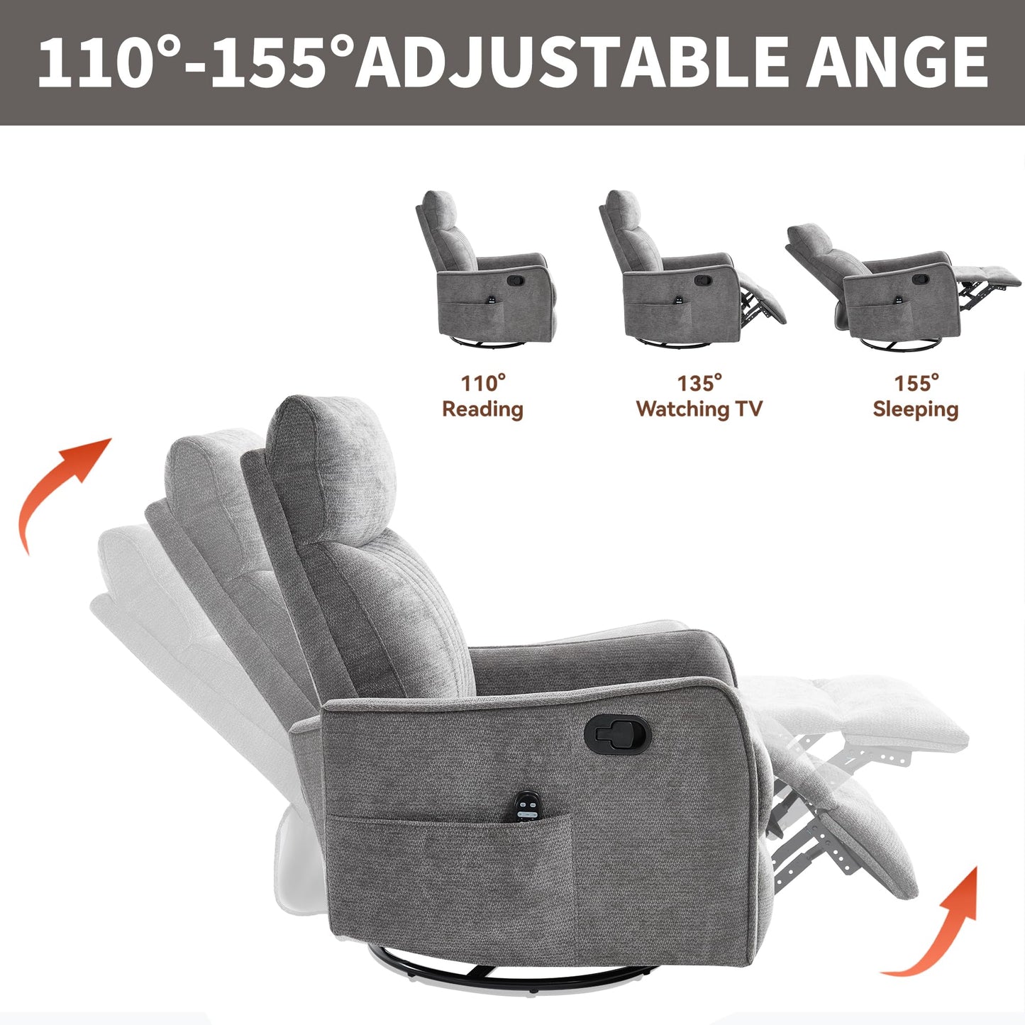 KEIKI 4-in-1 Manual Swivel Rocker Recliner Chair for Living Room, Chenille Nursery Glider Rocking Chairs with Back Massager & Heat, Ideal for Senior Adults True Relaxation, Dark Gray
