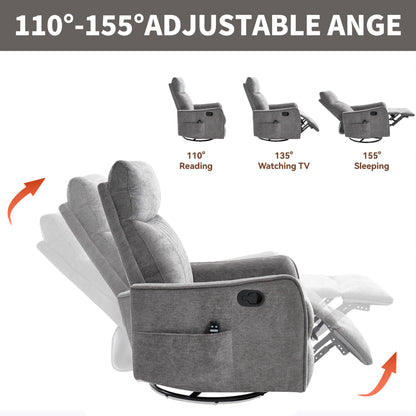 KEIKI 4-in-1 Manual Swivel Rocker Recliner Chair for Living Room, Chenille Nursery Glider Rocking Chairs with Back Massager & Heat, Ideal for Senior Adults True Relaxation, Dark Gray