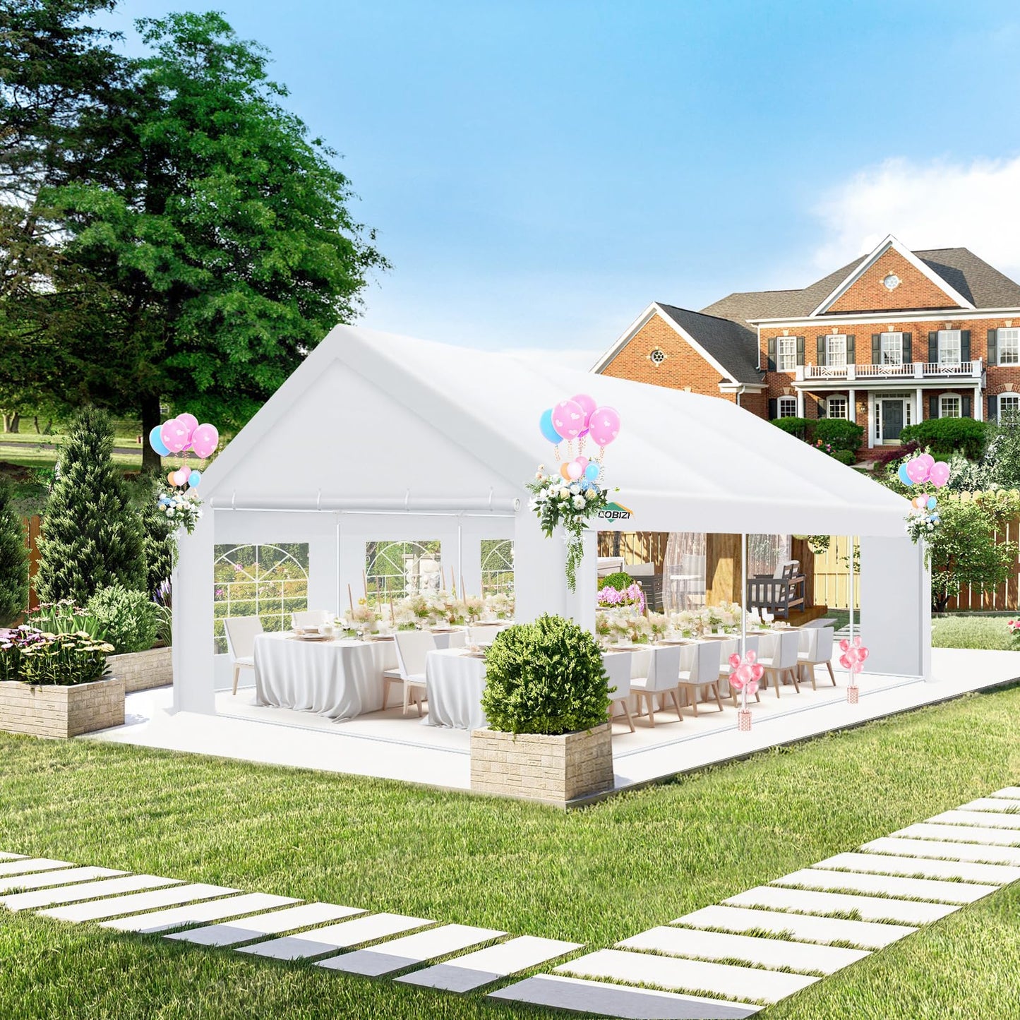 COBIZI 20x20 Party Tent Heavy Duty, Large Outdoor Event Tents for Parties with 6 Sidewalls & Built-in Sandbags,Waterproof Wedding Canopy Gazebo Temporary Shelter,Carport,Camping,Patio,Windproof
