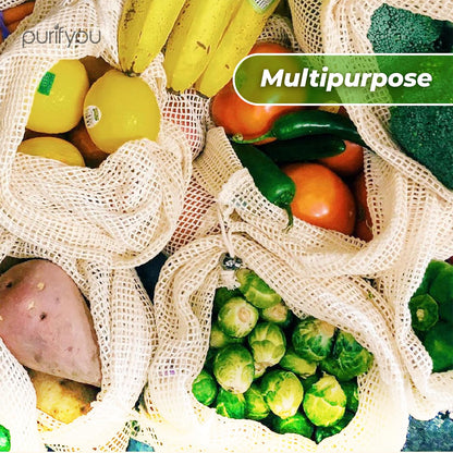 purifyou Set of 9 Reusable Produce Bags, Heavy Duty Washable Mesh Grocery Bag with Drawstring, Ideal for Farmers Market, Beach, and Refrigerator Storage (Extra Large, Large, Small)