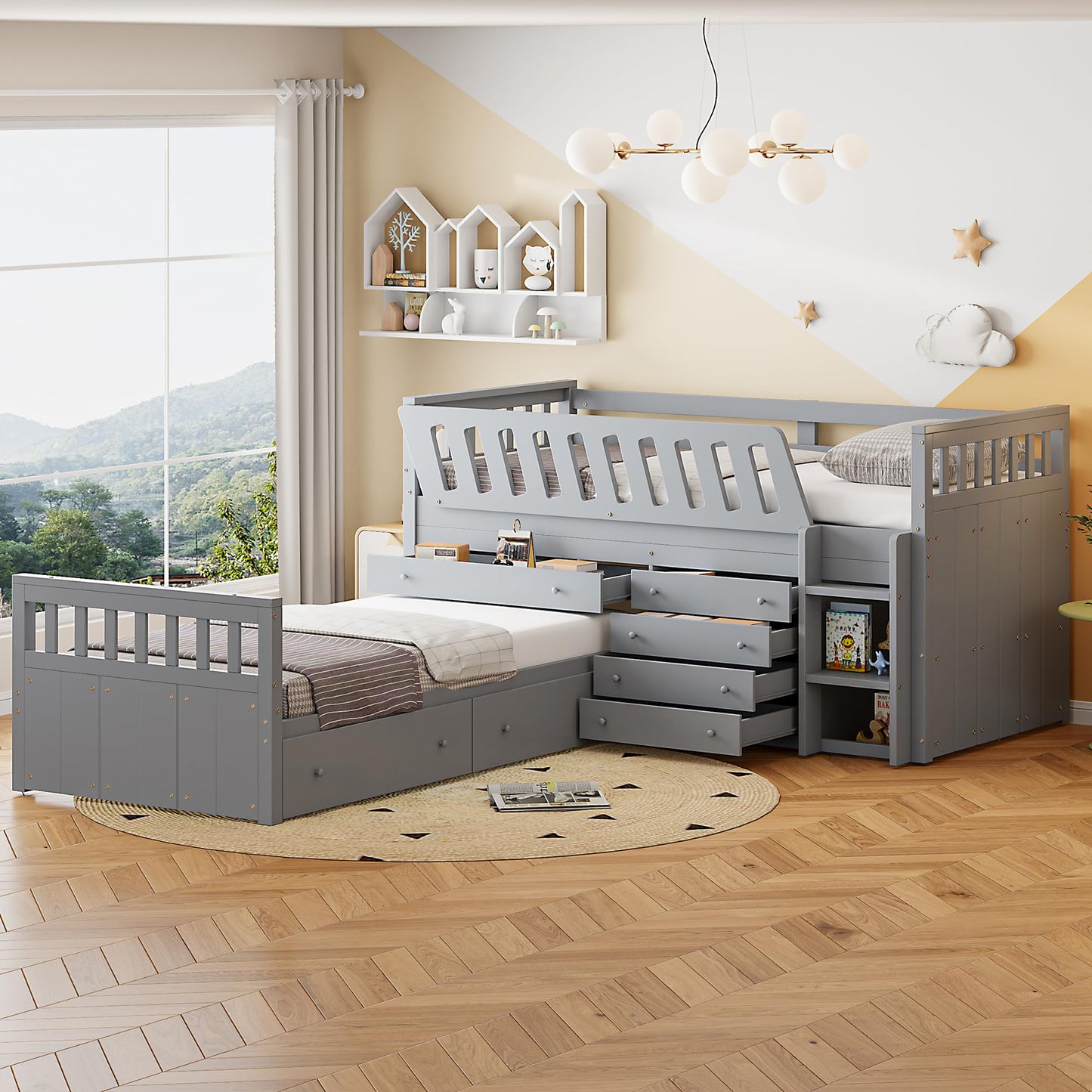 Merax L-Shaped Space-Saving Twin Loft and Twin Platform Bed with 7 Storage Drawers and Full Guardrails, Solid Wooden Bedframe for Boys Girls Adult, No Spring Box Needed, Grey