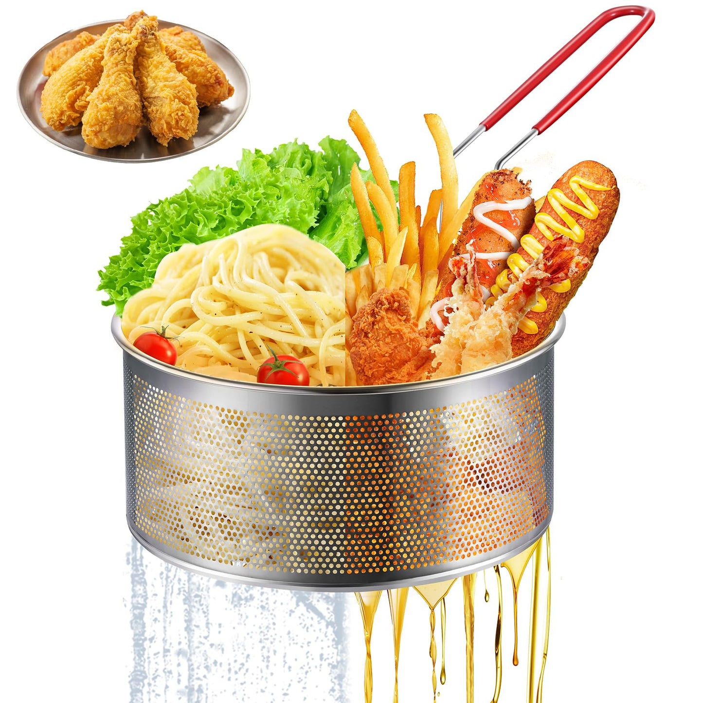 Deep Fryer Basket Only, 7''x4'' Colander with Silicone Handle,Round Stainless Steel Fry Baskets, Heat Resistant for Frying French Fries Cooking Noodles Vegetables, Ideal for Gift, 2.3-Quart