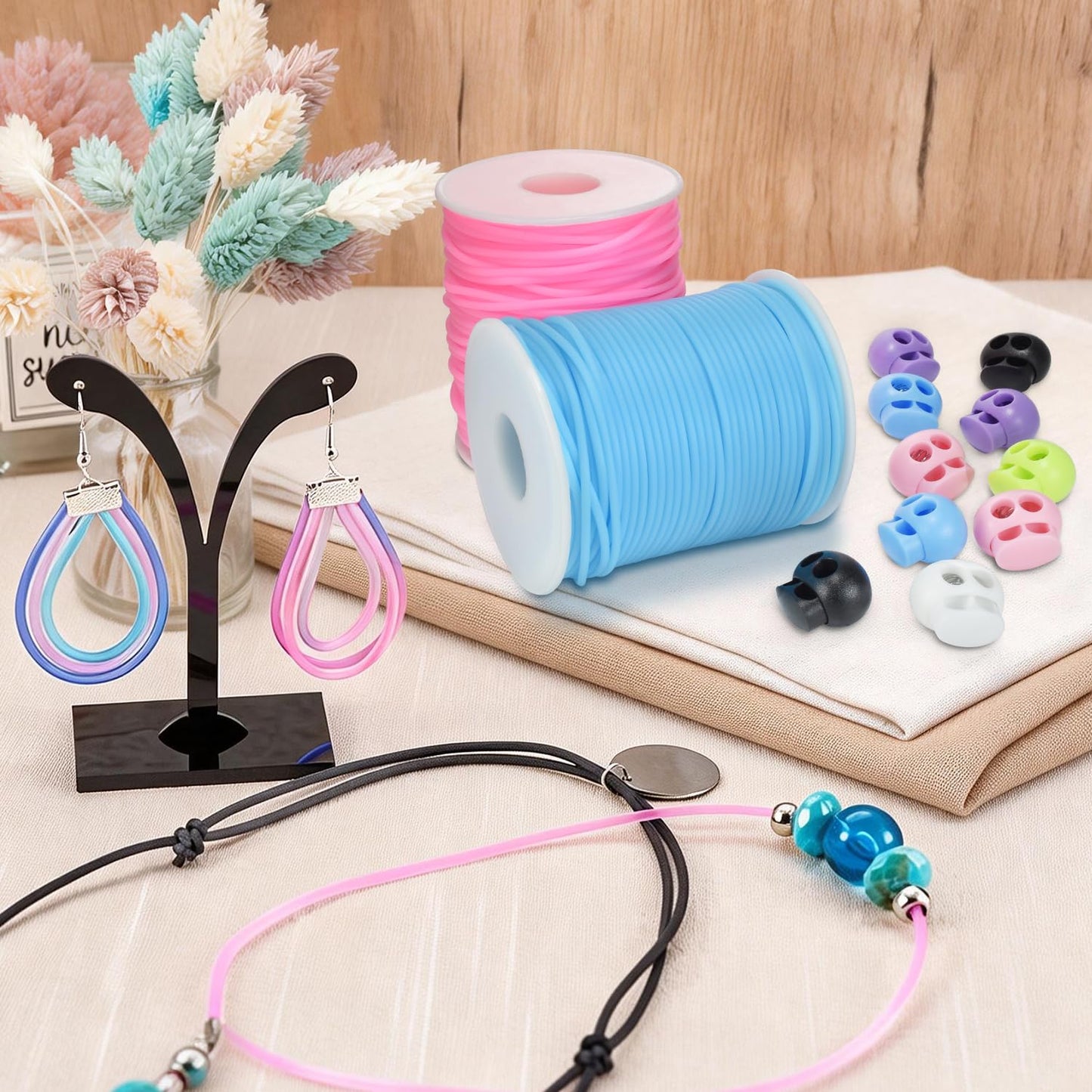 6pcs Plastic Stitch Holders for Knitting Needle Stoppers, 54.68 Yards 2mm Hollow Barber Cords for Knitting Stitch Holders Needle Point Protectors Crochet Accessories and Gadgets, Pony Bead Lacing Cord