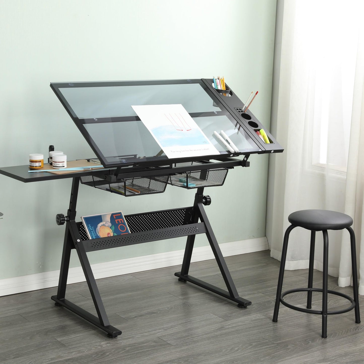 YJSPSSW Black Adjustable Tempered Glass Drafting Table with Chair, 5mm Thick Glass, 0-75° Tilt, 2 Metal Drawers, Side Storage Strips, Adjustable Legs for Office & Painting