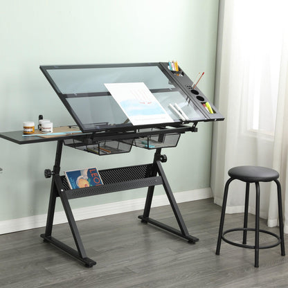 YJSPSSW Black Adjustable Tempered Glass Drafting Table with Chair, 5mm Thick Glass, 0-75° Tilt, 2 Metal Drawers, Side Storage Strips, Adjustable Legs for Office & Painting