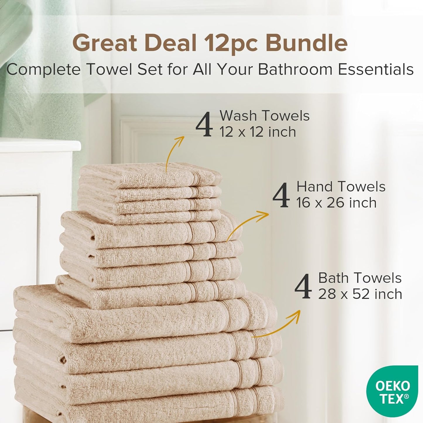 12-Piece Set 4 4 4 100% Comfort Spaces Luxury Bath Towel - Large, Hand, Washcloth, Cotton, Quick Dry, Zero Twist, Soft