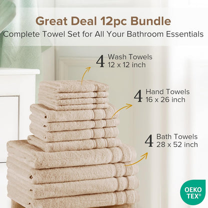 12-Piece Set 4 4 4 100% Comfort Spaces Luxury Bath Towel - Large, Hand, Washcloth, Cotton, Quick Dry, Zero Twist, Soft