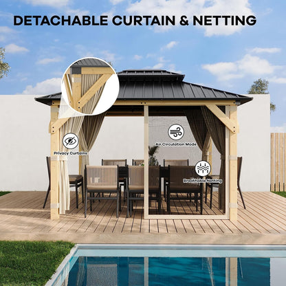 12' × 10' Hardtop Wood Gazebo with Double Galvanized Steel Roofm, Upgrade Wooden Frame with Nettings & Curtains for Backyard, Patio, Garden, All-Weather Khaki Outdoor Pavilion (4 Packages Shipped)