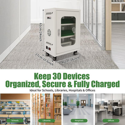 QUEWATSA 30 Slots Cell Phones Charging Station, Rechargeable Cellphone Locker Storage Charging Station, Mobile Charging Cart with Charging Ports, Wheels & Combination Lock (White)