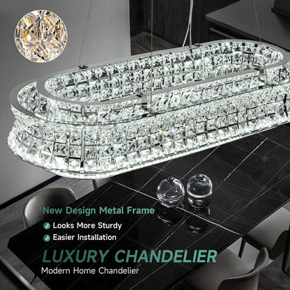 AOOCHOK Modern Crystal Chandelier for Living Room, LED Chrome Pendant Lights, Oval Crystal Hanging Lamp for Living Room, Dining Room, Restaurant, 30 x 14 inch