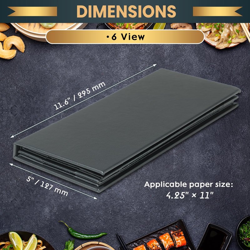 AMGSH 12 Pack 6 View Menu Holder Menu Covers 4.25" x 11" | Black Leather Menu Sleeves Book Style for Restaurant Coffee Bars Wine List