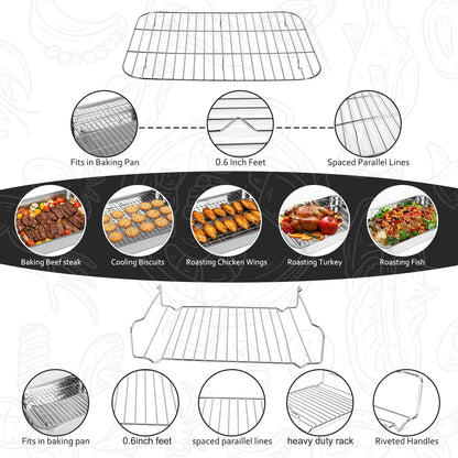 15.5" Stainless Steel Roasting Pans with Handles, Baking Pan for Oven with 2 Racks, Heavy Duty, Dishwasher Safe Rectangular Lasagna Pan with Handles for Turkey Chicken, Silver